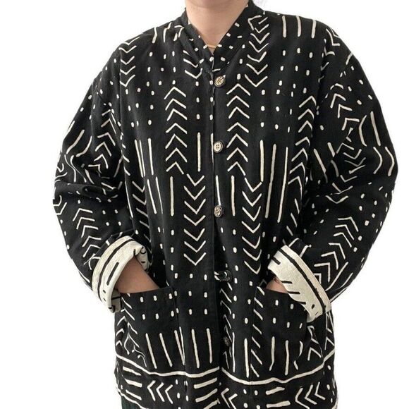 Handmade Womens bogoloanfini Geometric Reversible Boho Canvas Cotton Jacket Sz L - Picture 1 of 10